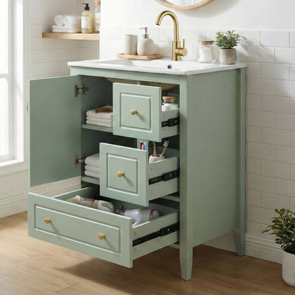 Retro bathroom vanity with ceramic sink in sage green, brass faucet and soft-closing drawers on Tampa Home & Garden Store