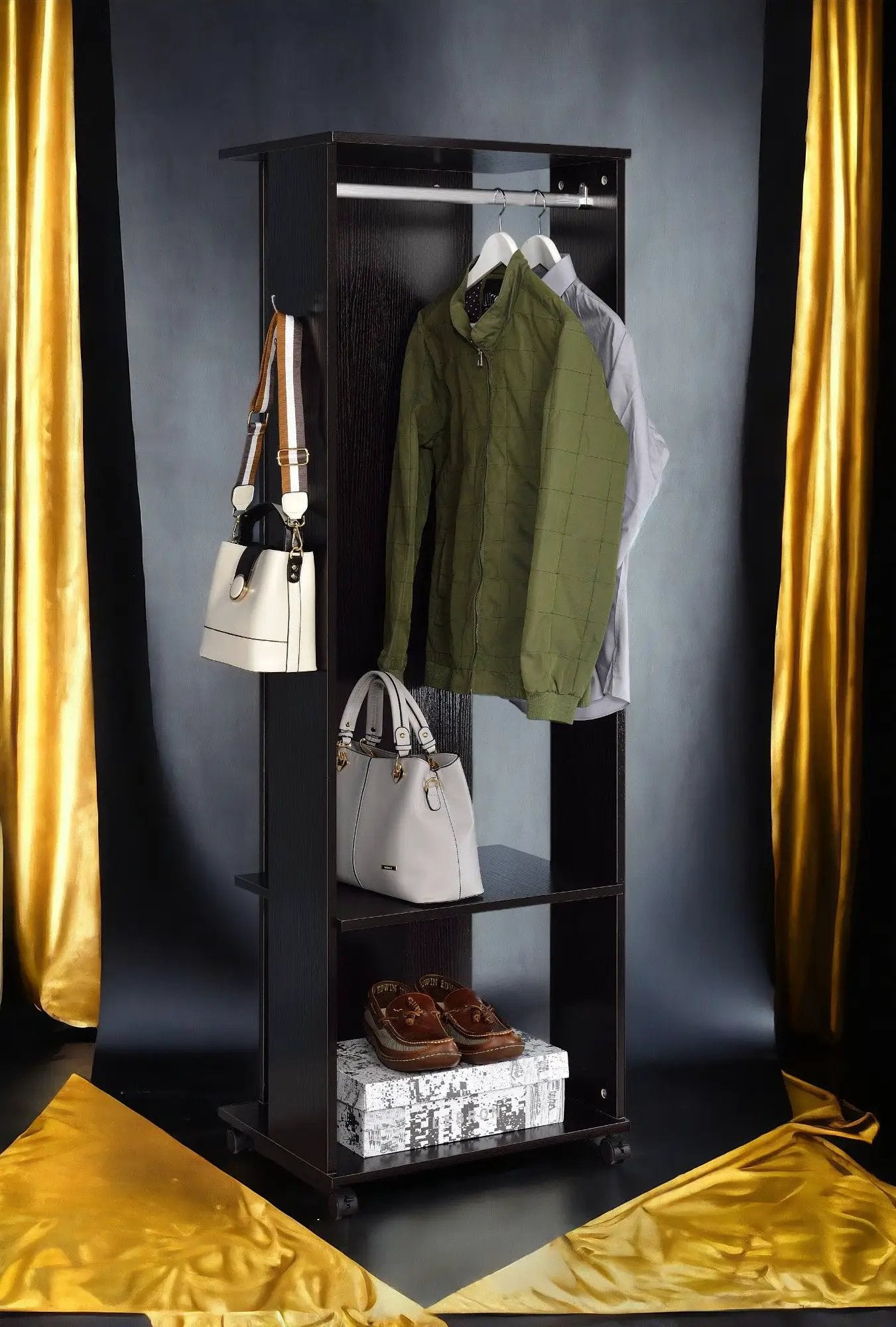 Kolen Hall Tree Espresso by Unique Piece Furniture with coat rod, two jackets and two handbags on Tampa Home & Garden Store