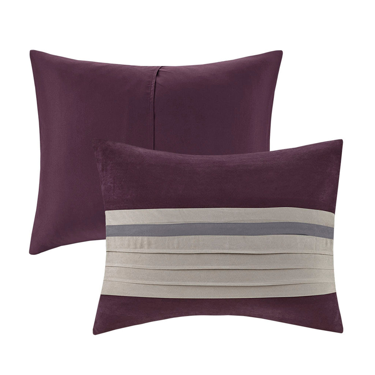 Purple faux suede king comforter set decorative pillow pair: solid purple and beige-gray stripe on Tampa Home & Garden Store