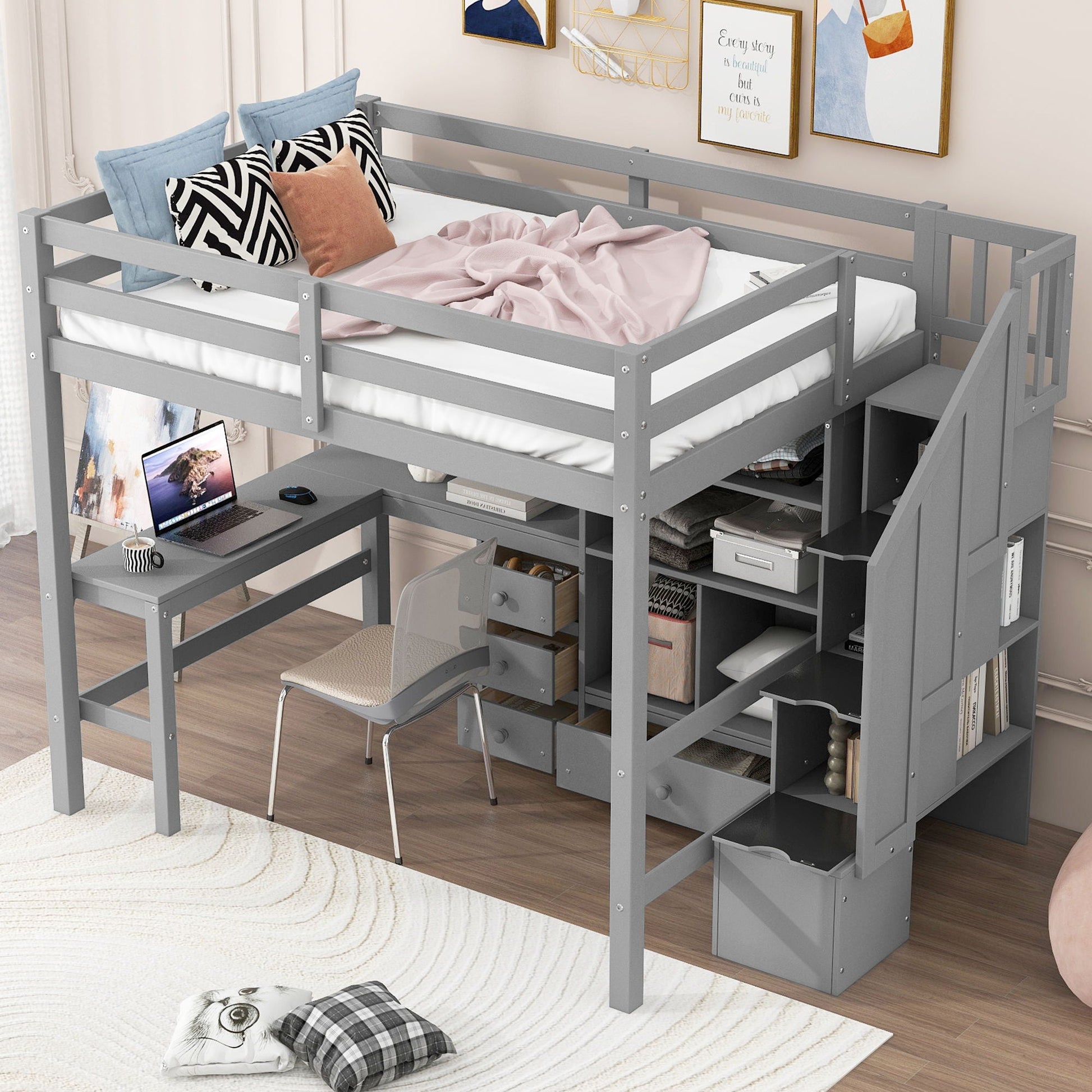 HouseOfZazla loft bed with L-shaped desk, drawers and storage staircase in gray on Tampa Home & Garden Store