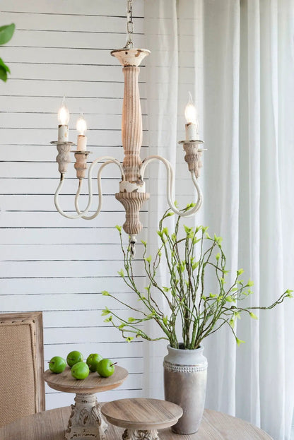 4-light chandelier in cream white with distressed wood finish and curved arms on Tampa Home & Garden Store