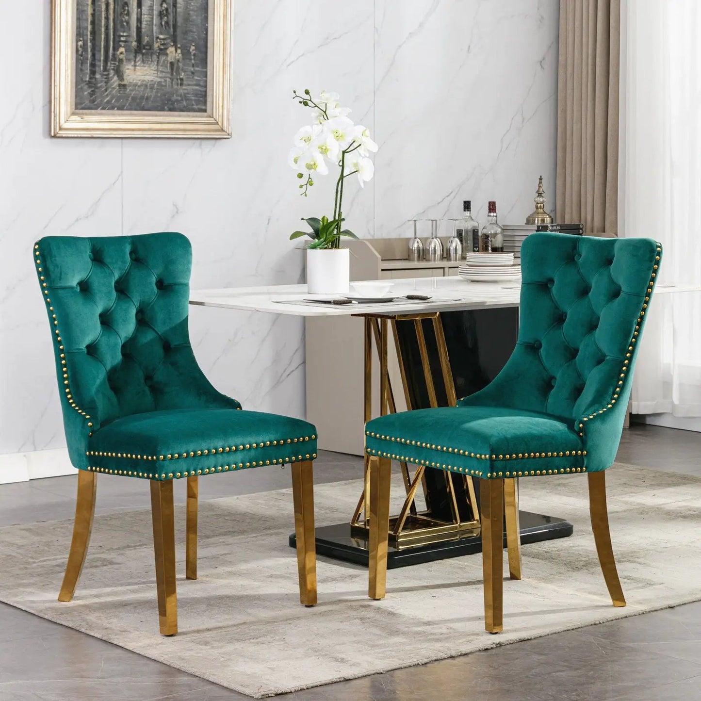 Nikki Modern Tufted Dining Chairs set of 2 in teal velvet with gold legs and nailhead trim on Tampa Home & Garden Store
