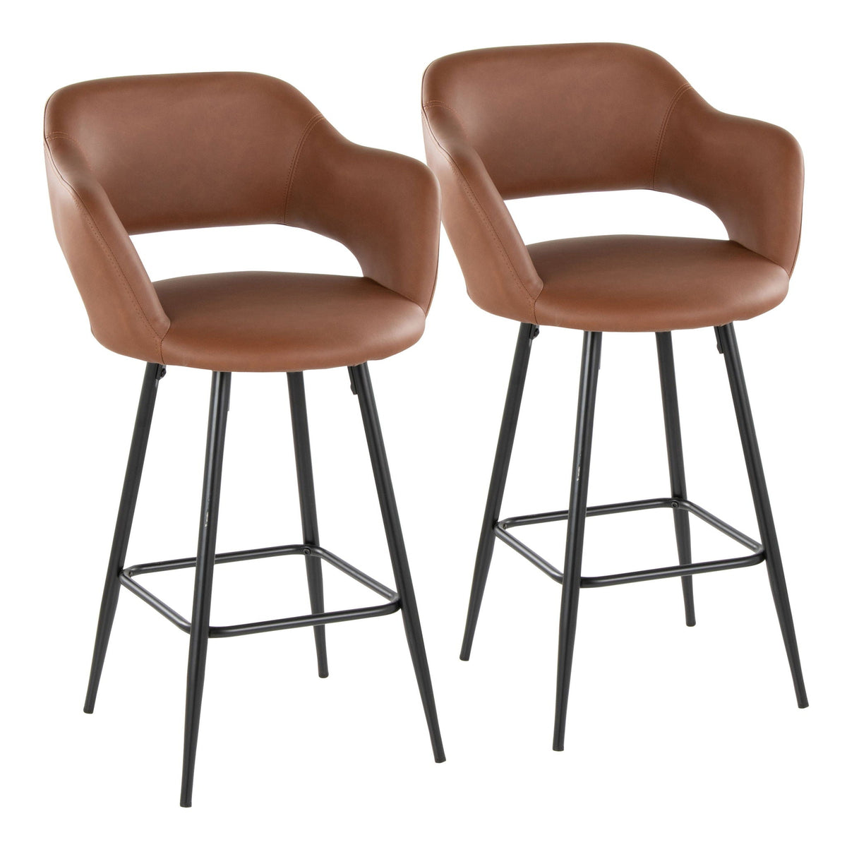 Counter stools pair in brown faux leather with square footrests and black metal legs, 2 stools on Tampa Home & Garden Store