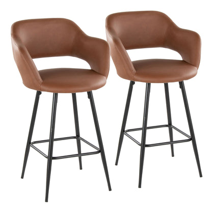 Counter stools pair in brown faux leather with square footrests and black metal legs, 2 stools on Tampa Home & Garden Store