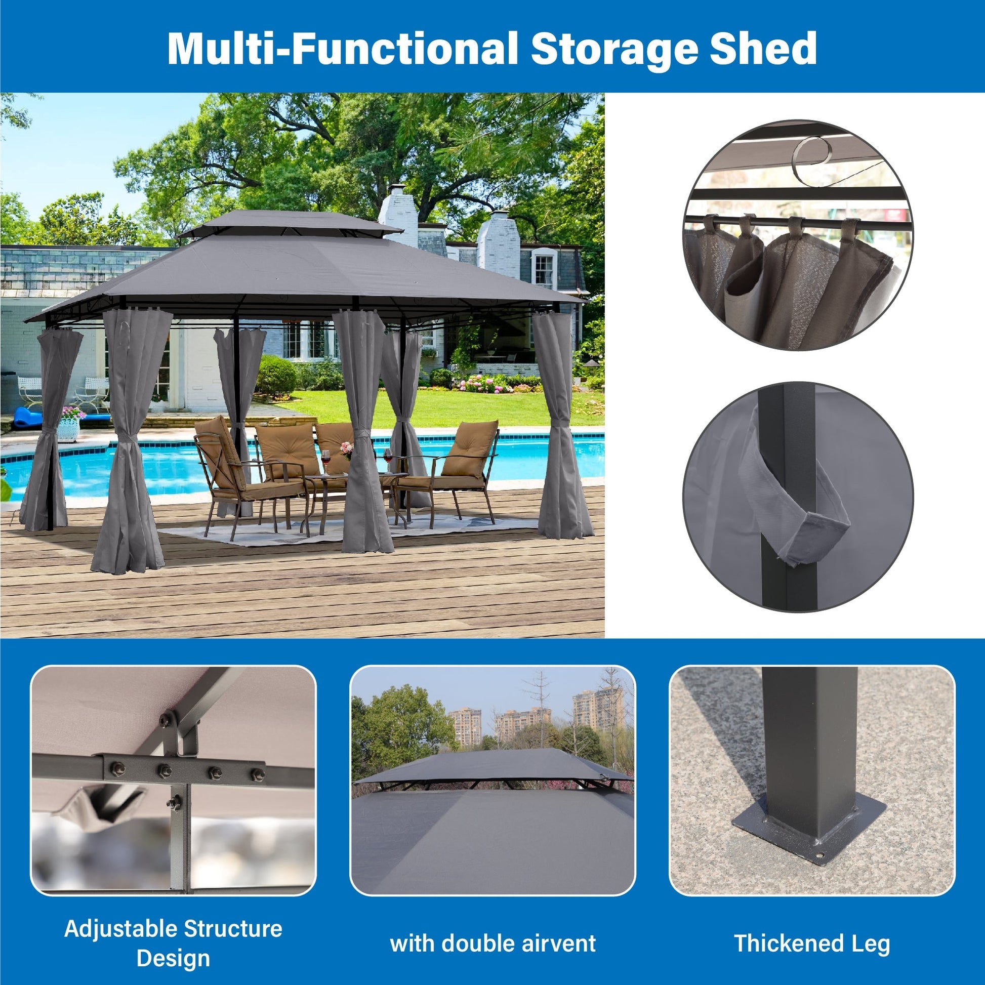 Gazebo canopy tent 13x10 ft gray with ventilated double roof and side walls HouseOfZazla on Tampa Home & Garden Store