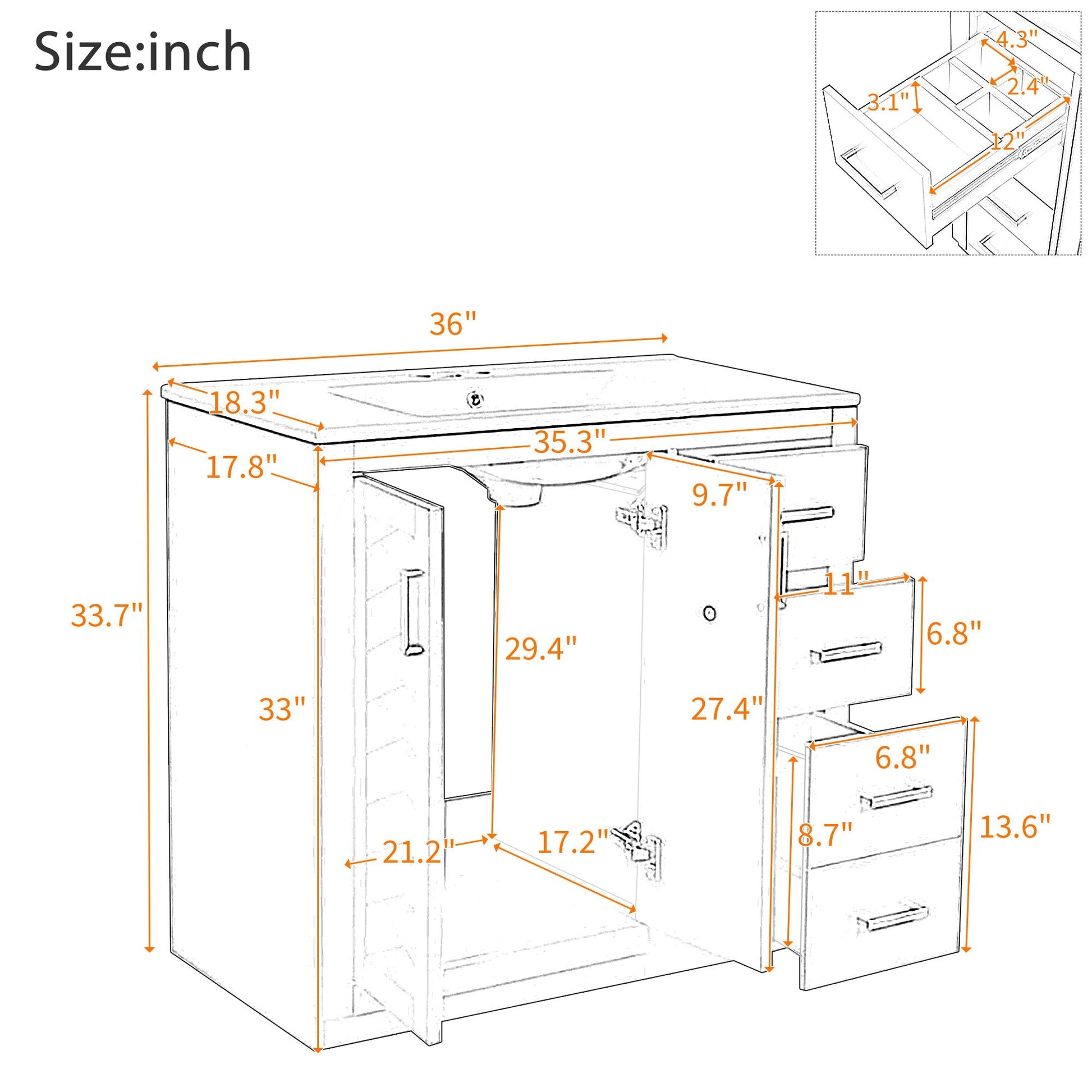 Bathroom vanity with sink, freestanding cabinet with 3 drawers and softclose doors on Tampa Home & Garden Store