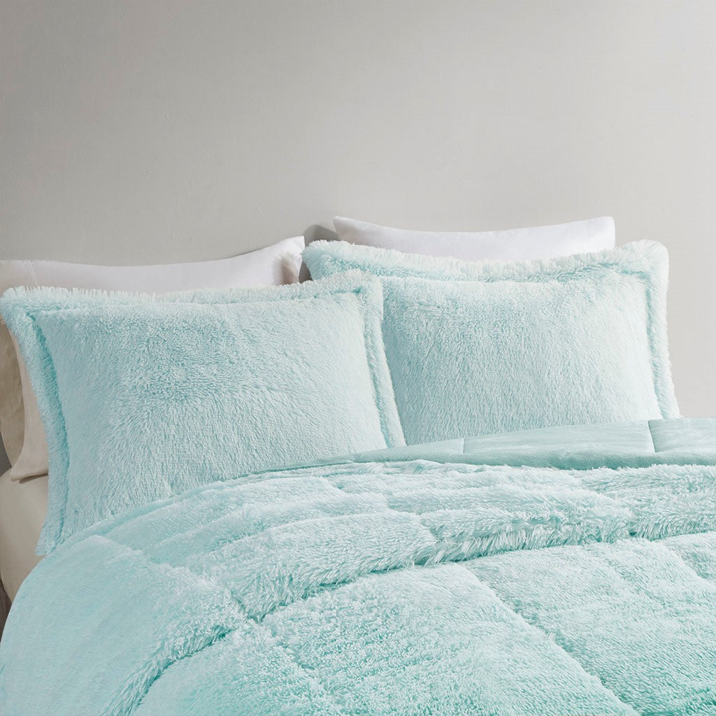 Full/Queen Ombre Shaggy Long Fur Comforter Mini Set by HouseOfZazla with 2 shams in turquoise on Tampa Home & Garden Store