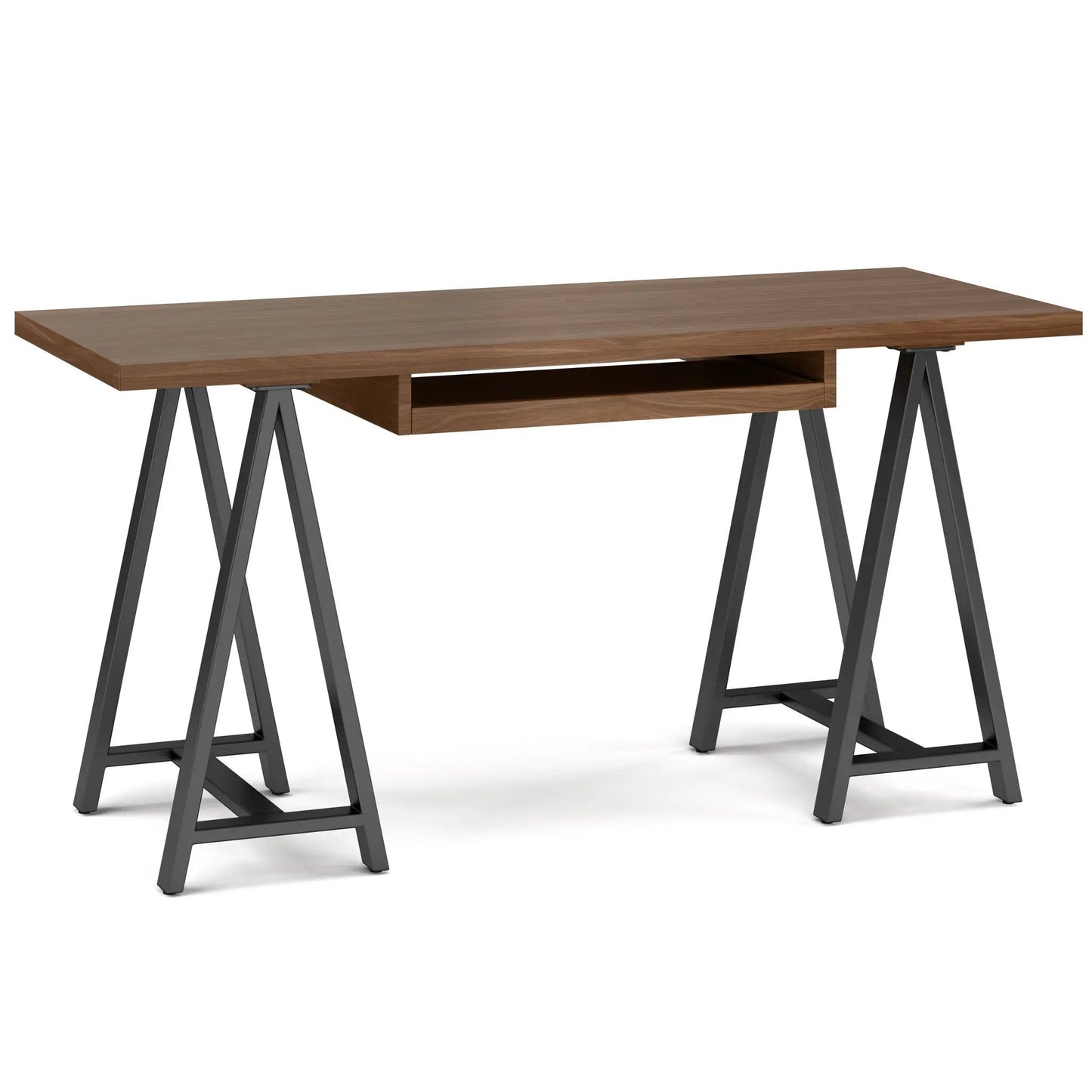 Sawhorse Handcrafted Solid Desk wood top warm brown with black metal sawhorse legs on Tampa Home & Garden Store