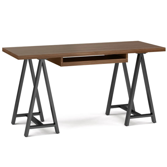 Sawhorse Handcrafted Solid Desk wood top warm brown with black metal sawhorse legs on Tampa Home & Garden Store