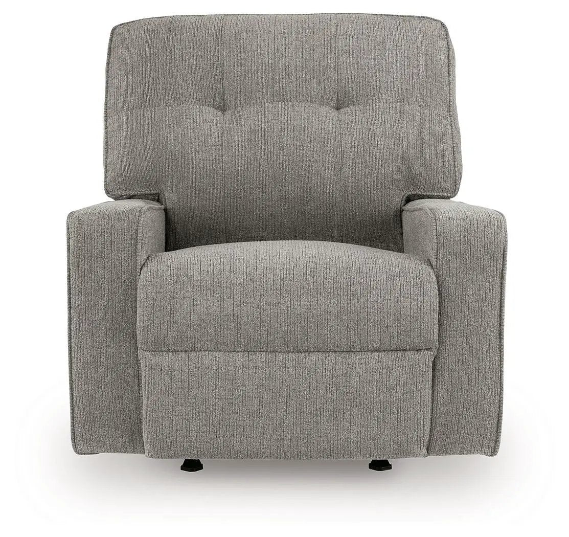 Larimer Rocker Recliner by Unique Piece Furniture in gray textured fabric with tufted back on Tampa Home & Garden Store