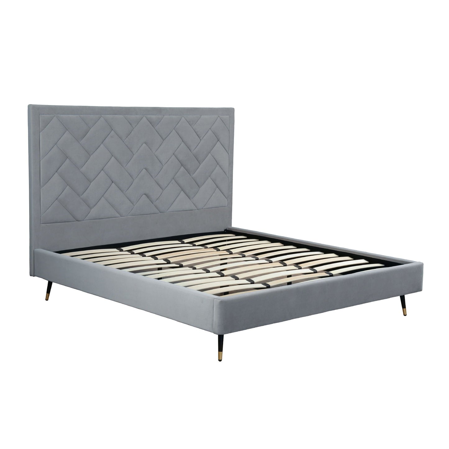 Crosby bed with grey upholstered headboard and slats, tapered legs on Tampa Home & Garden Store