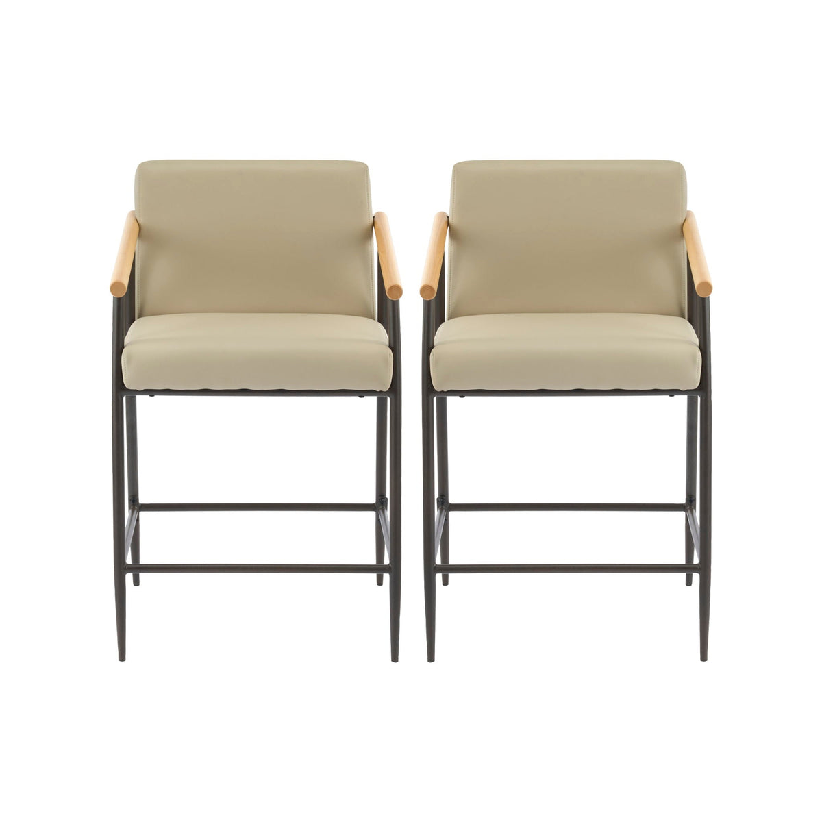 Mid Century Counter Stool Set Khaki Cushions, 2 stools with wood arms and black metal frames on Tampa Home & Garden Store
