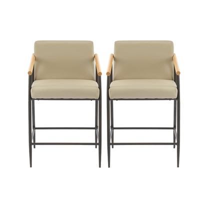 Mid Century Counter Stool Set Khaki Cushions, 2 stools with wood arms and black metal frames on Tampa Home & Garden Store