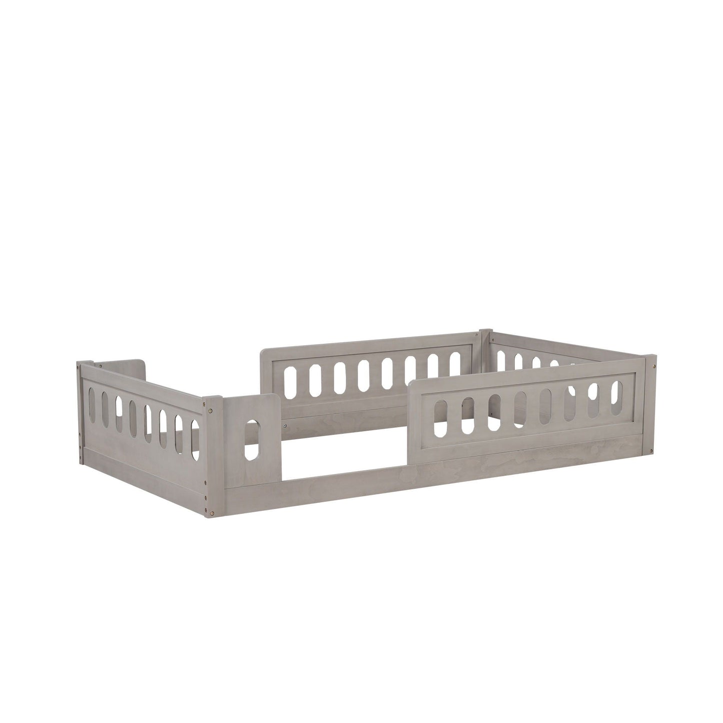 Platform bed with guardrail in light gray wood by HouseOfZazla, with slotted headboard and rails on Tampa Home & Garden Store