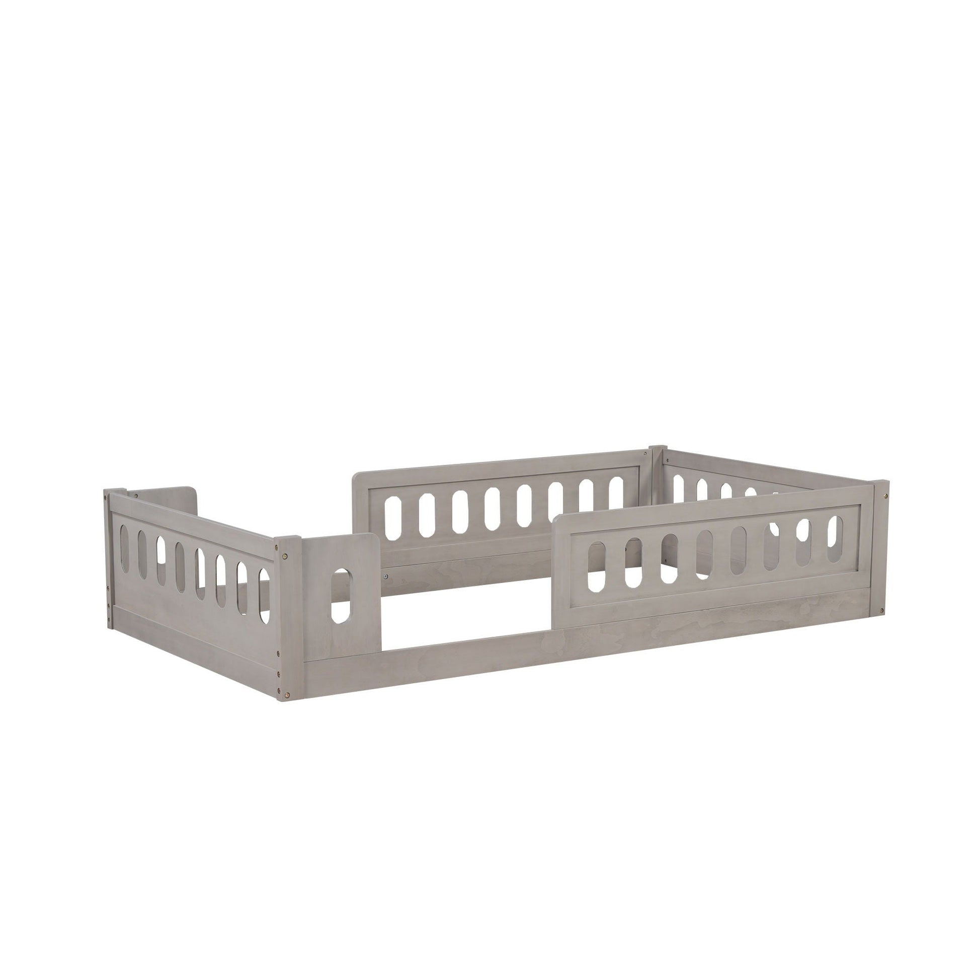 Platform bed with guardrail in light gray wood by HouseOfZazla, with slotted headboard and rails on Tampa Home & Garden Store