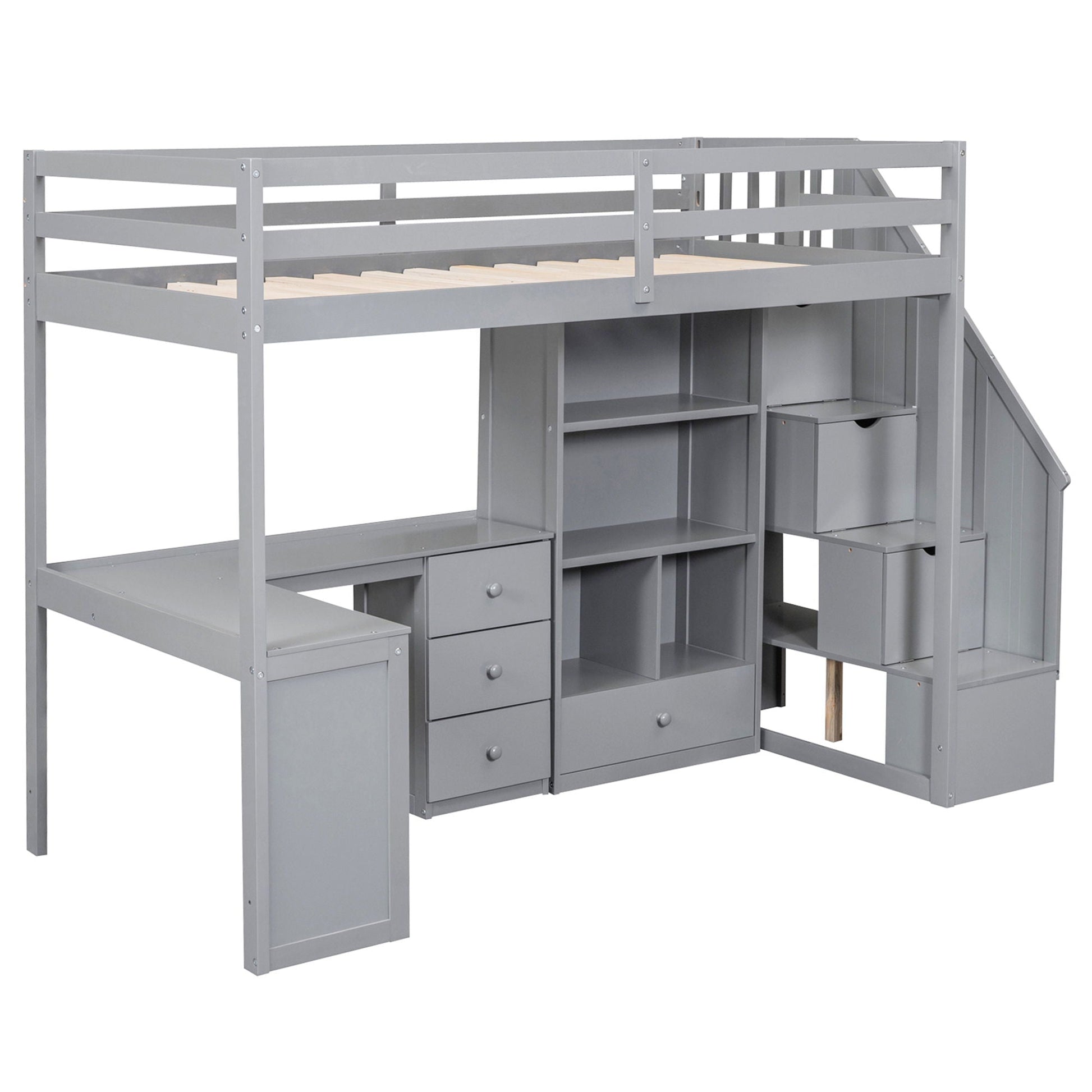 Loft bed with L-shaped desk and storage staircase in gray metal with built-in drawers on Tampa Home & Garden Store