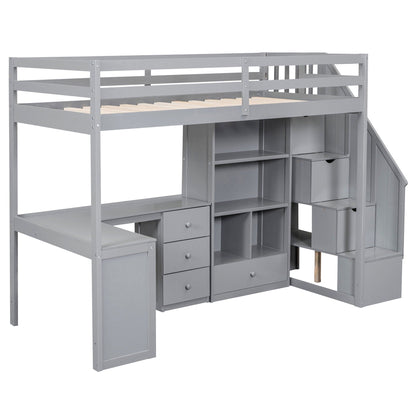 Loft bed with L-shaped desk and storage staircase in gray metal with built-in drawers on Tampa Home & Garden Store
