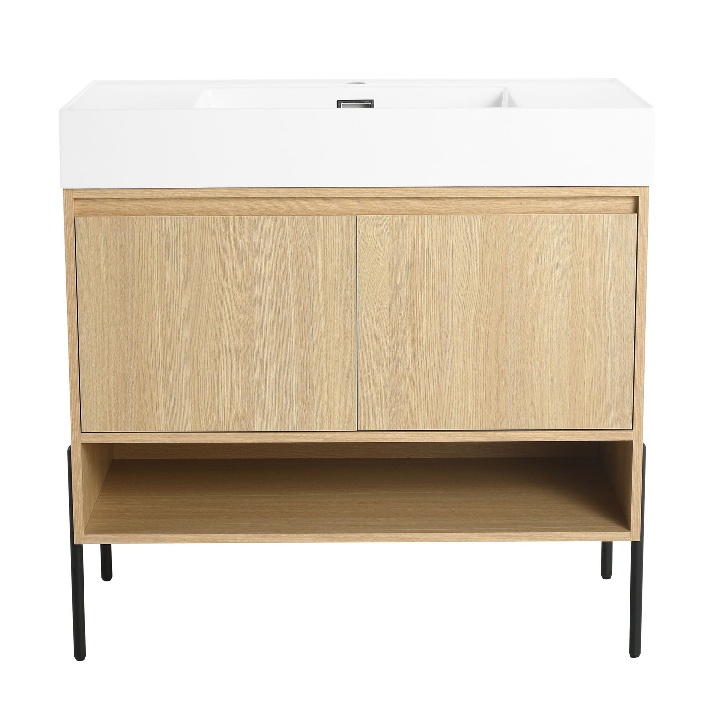 Modern bathroom vanity with single resin sink and light oak cabinet on black metal legs on Tampa Home & Garden Store
