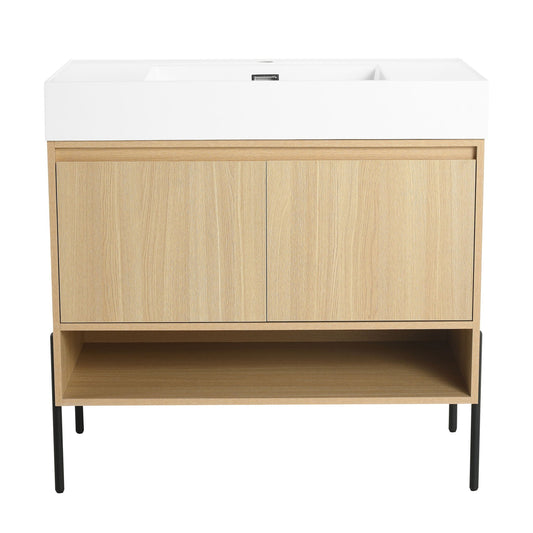 Modern bathroom vanity with single resin sink and light oak cabinet on black metal legs on Tampa Home & Garden Store