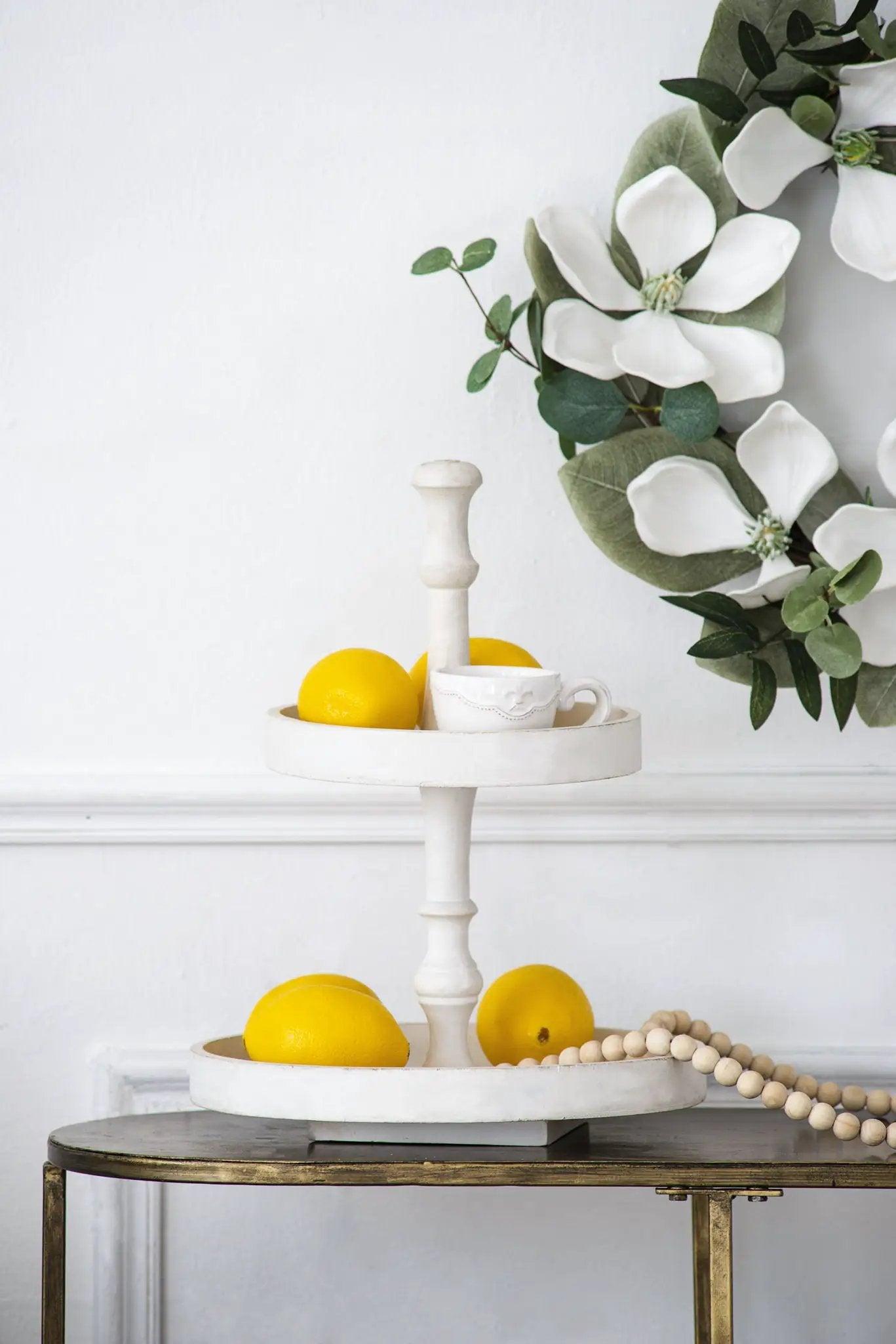 Two Tier Round Wooden Tray in White Finish