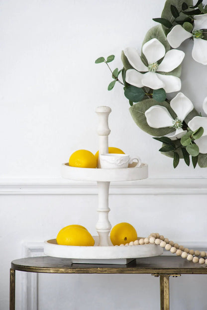 Two Tier Round Wooden Tray in White Finish