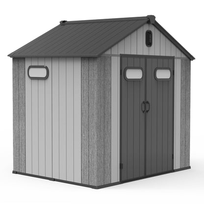 8x6FT resin outdoor storage shed with lockable double doors and oval windows, gray siding on Tampa Home & Garden Store