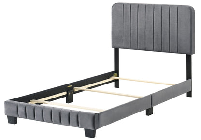 Channel tufted grey upholstered bed by HouseOfZazla with black metal frame on Tampa Home & Garden Store