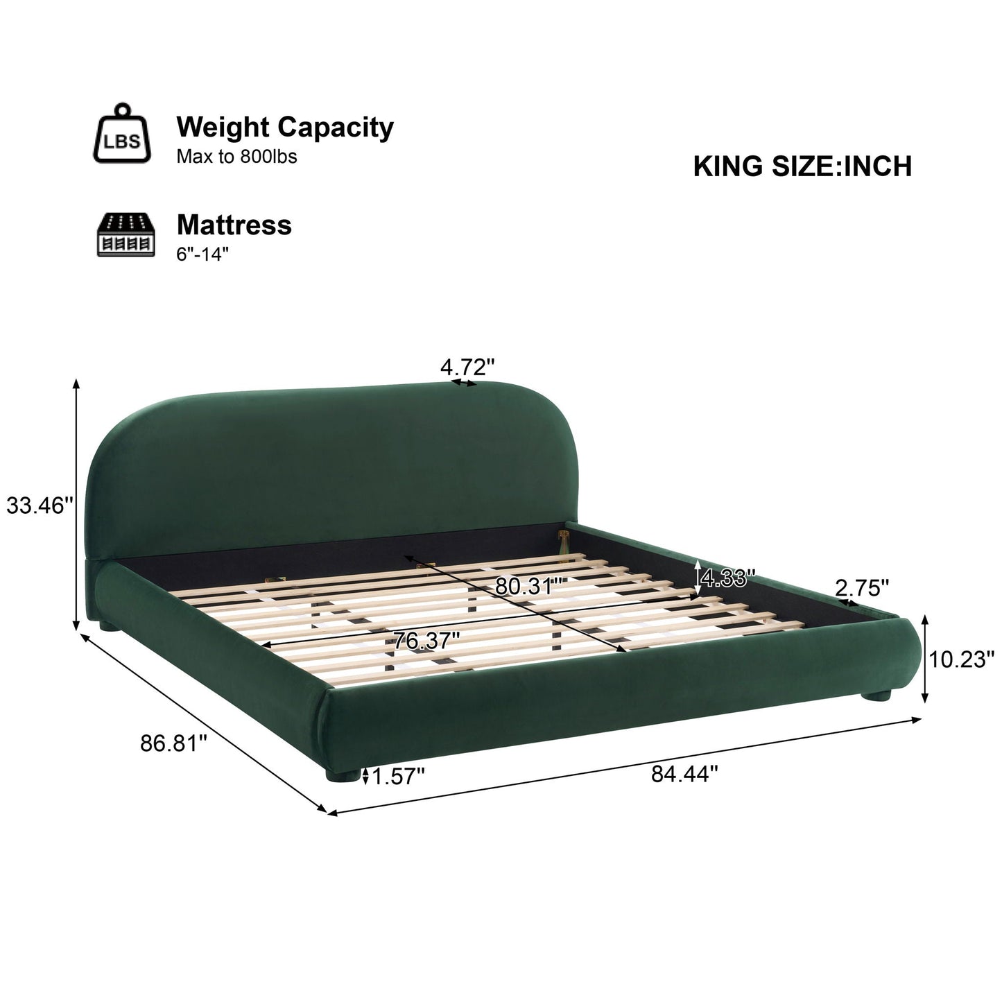 Upholstered bed with curved headboard in green fabric by HouseOfZazla, king size on Tampa Home & Garden Store