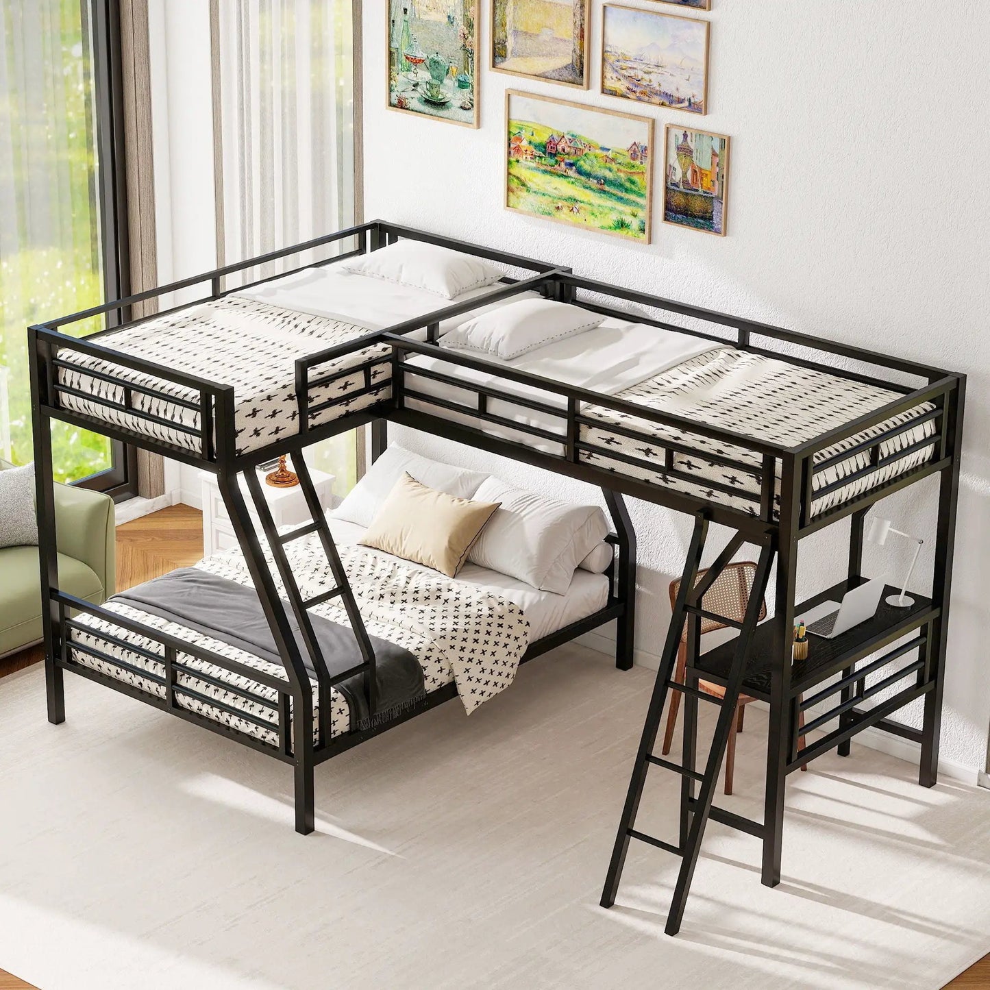 Twin Over Full Bunk Bed With Loft Desk L Shaped