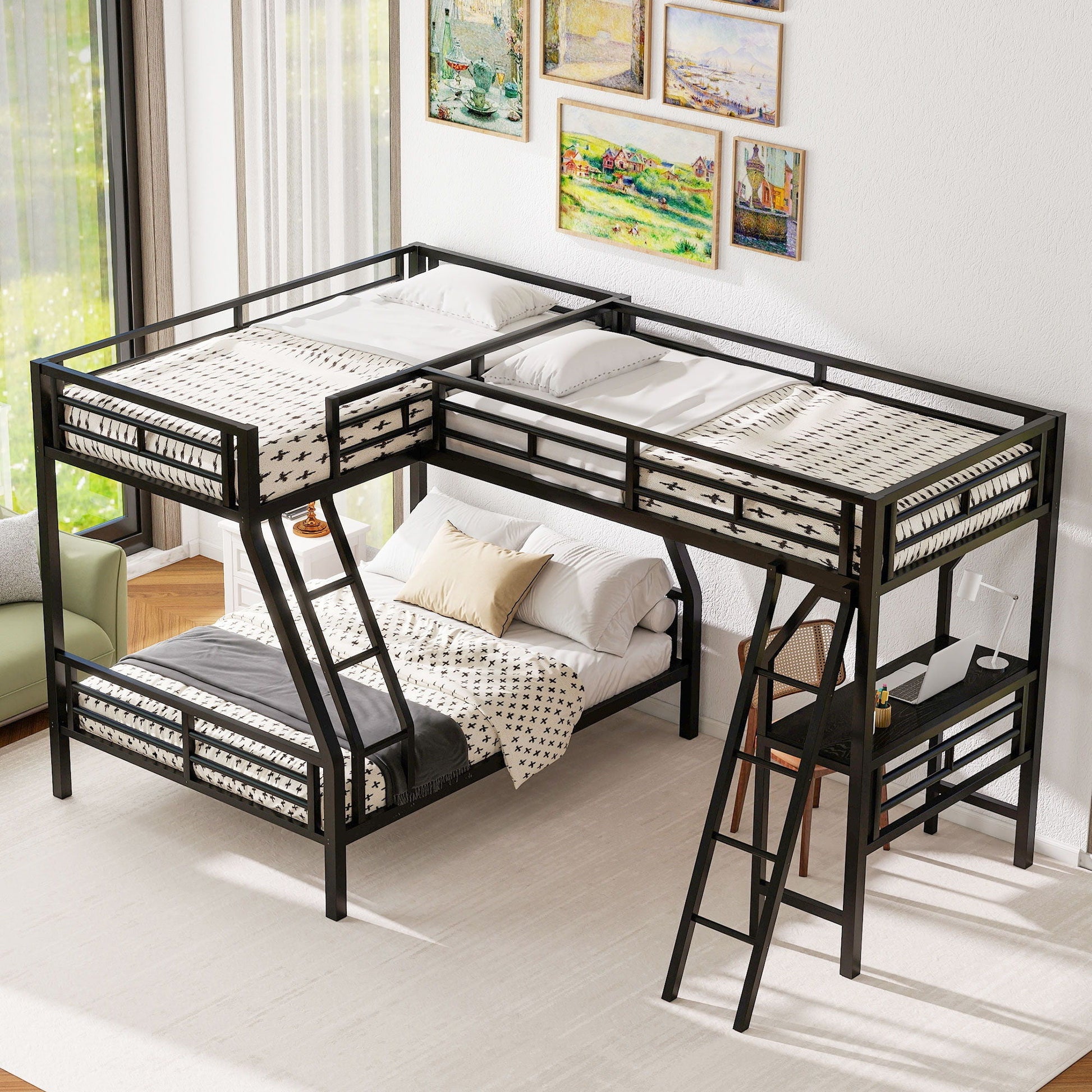 Twin over full bunk bed, L-shaped black metal frame by HouseOfZazla for 3 sleepers on Tampa Home & Garden Store