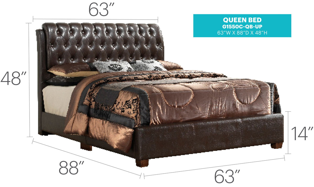 Tufted Upholstered Bed with dark brown leather-look headboard, queen size 63W x 88D x 48H on Tampa Home & Garden Store