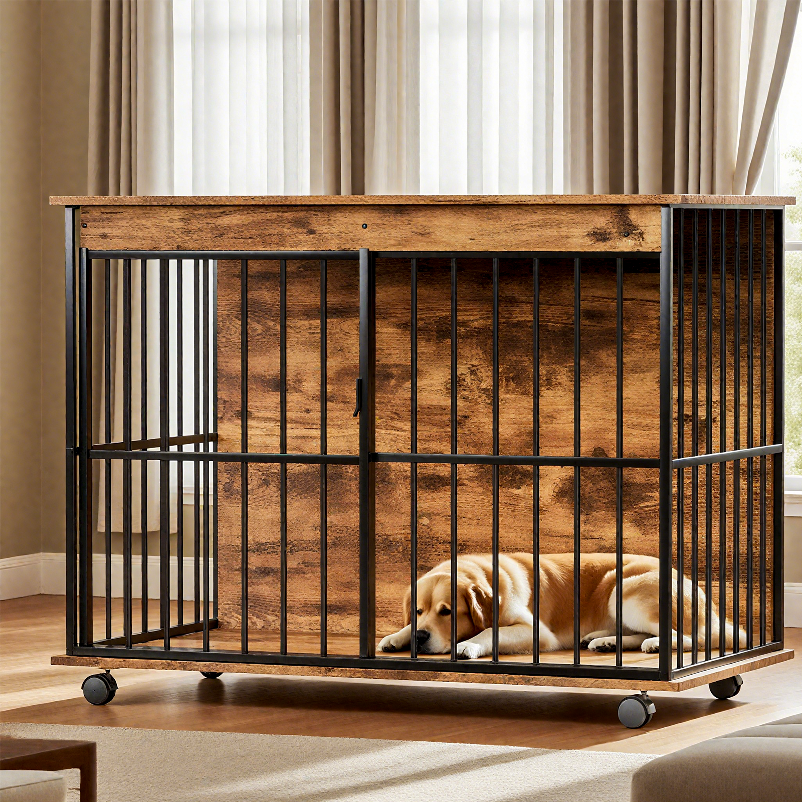 Large wooden dog crate furniture with black metal bars and caster wheels HouseOfZazla on Tampa Home & Garden Store