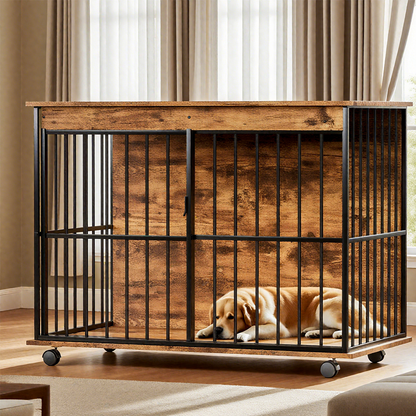 Large wooden dog crate furniture with black metal bars and caster wheels HouseOfZazla on Tampa Home & Garden Store