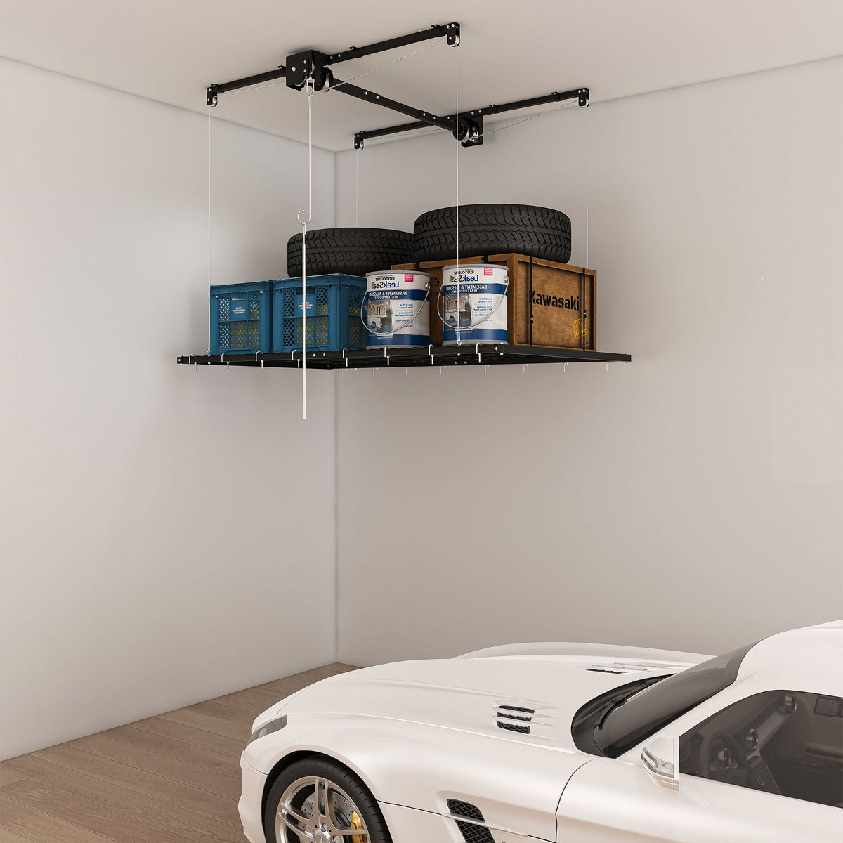 Overhead garage storage rack with crank system black by HouseOfZazla holds 2 tires and crates on Tampa Home & Garden Store