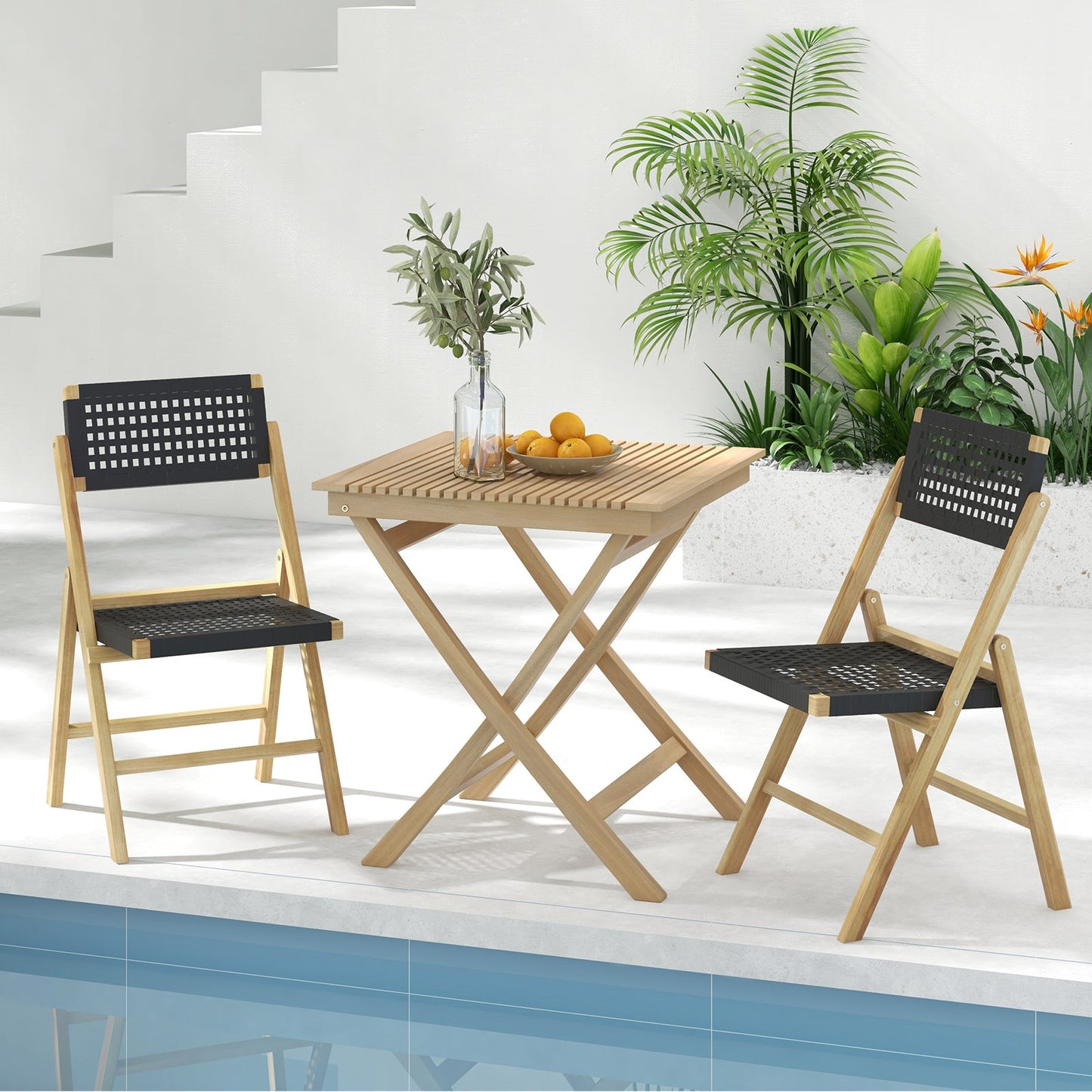 Juego de 2 sillas plegables Sillas de comedor de teca de Indonesia con asiento y respaldo de cuerda tejida