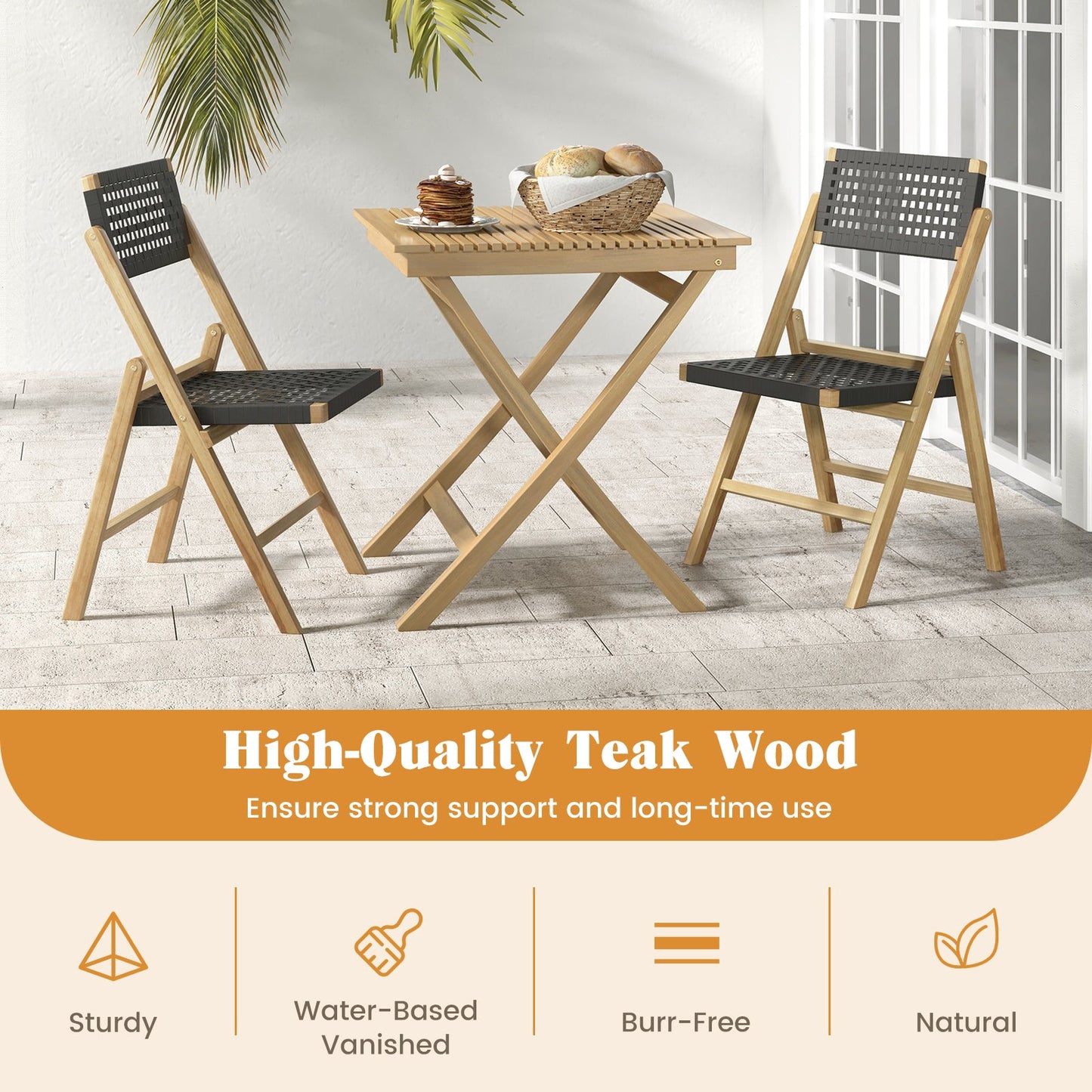 Juego de 2 sillas plegables Sillas de comedor de teca de Indonesia con asiento y respaldo de cuerda tejida