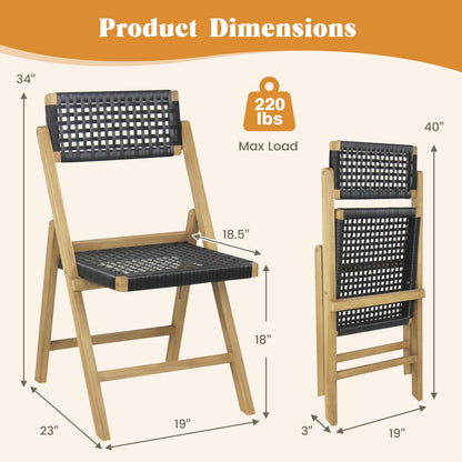 Juego de 2 sillas plegables Sillas de comedor de teca de Indonesia con asiento y respaldo de cuerda tejida