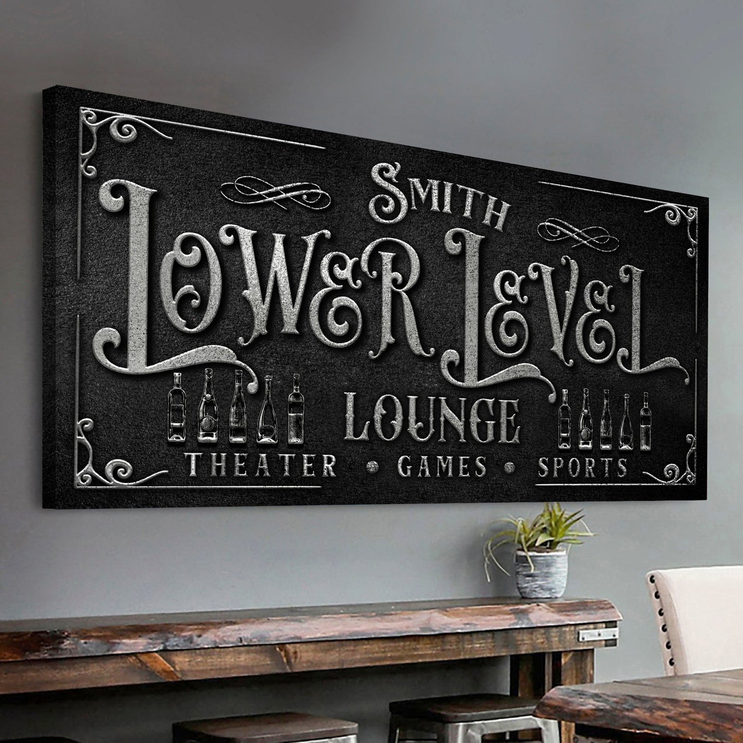 Personalized Lower Level Sign canvas in black with silver lettering by Tailored Canvases on Tampa Home & Garden Store