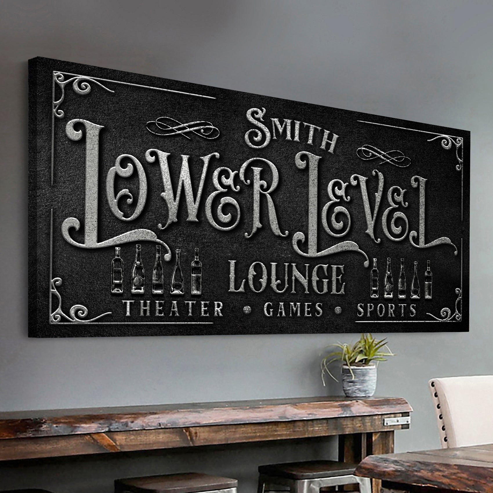 Personalized Lower Level Sign canvas in black with silver lettering by Tailored Canvases on Tampa Home & Garden Store