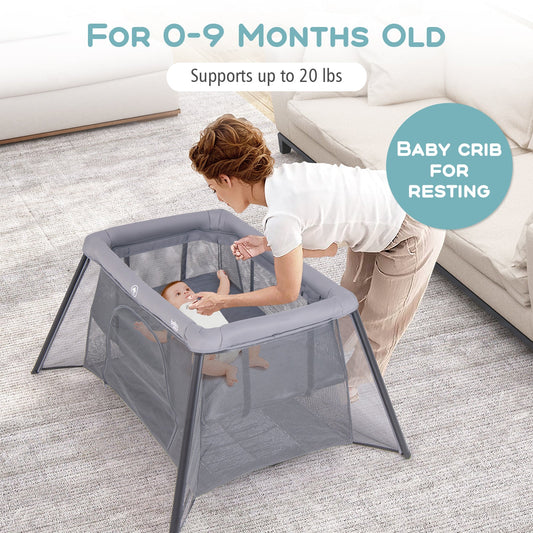2-in-1 Portable Baby Playpen with Safety Enclosure and Padded Mattress-Dark Gray - Tampa Home & Garden Store
