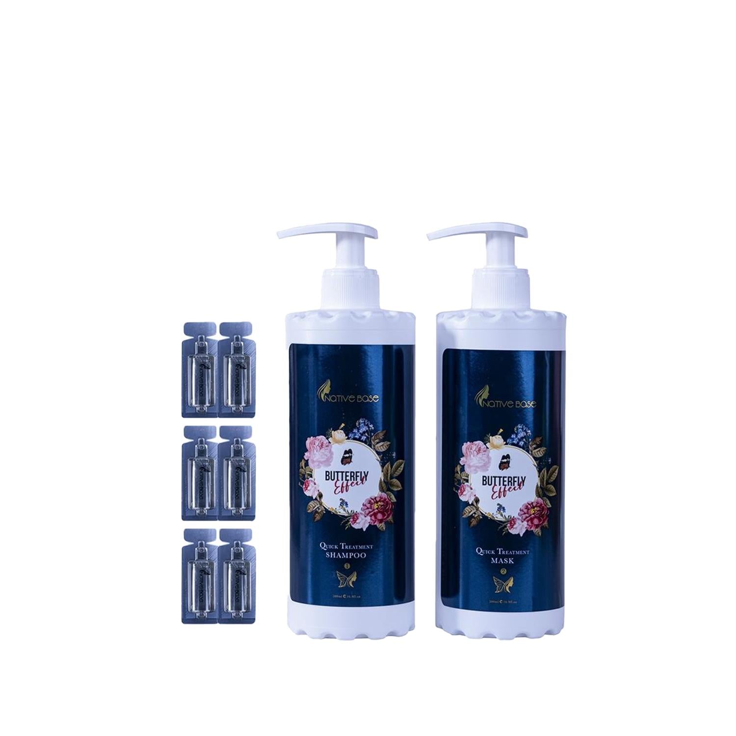 Native Base Butterfly Effect hair care set with two pump bottles and six ampoules on Tampa Home & Garden Store