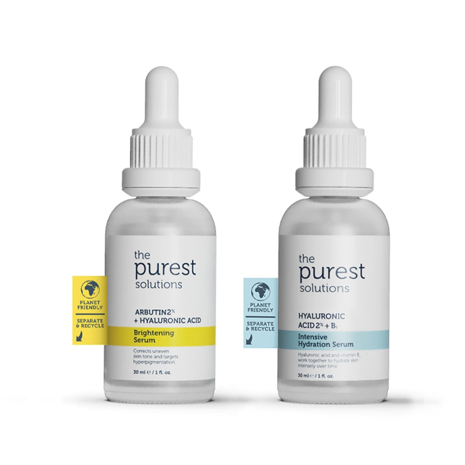 the purest solutions duo: brightening arbutin serum yellow tag and hydration serum blue tag on Tampa Home & Garden Store