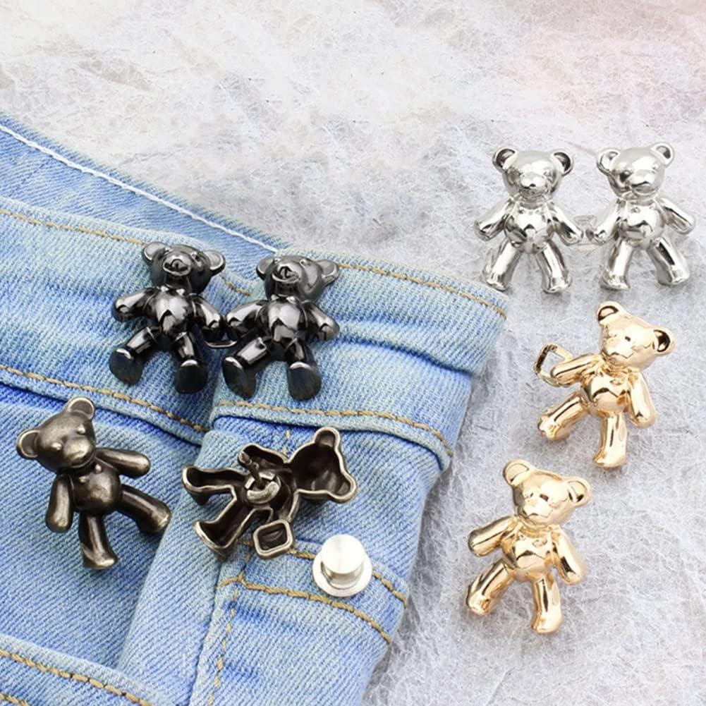 Bear shaped metal jean button clips set in silver, black, and gold for waistband adjustment on Tampa Home & Garden Store