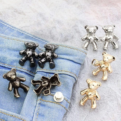 Bear shaped metal jean button clips set in silver, black, and gold for waistband adjustment on Tampa Home & Garden Store