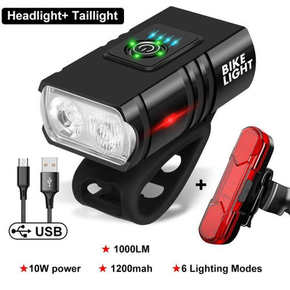 Stevvex 2pc LED bike lights front headlight and red rear taillight USB rechargeable 1000LM on Tampa Home & Garden Store