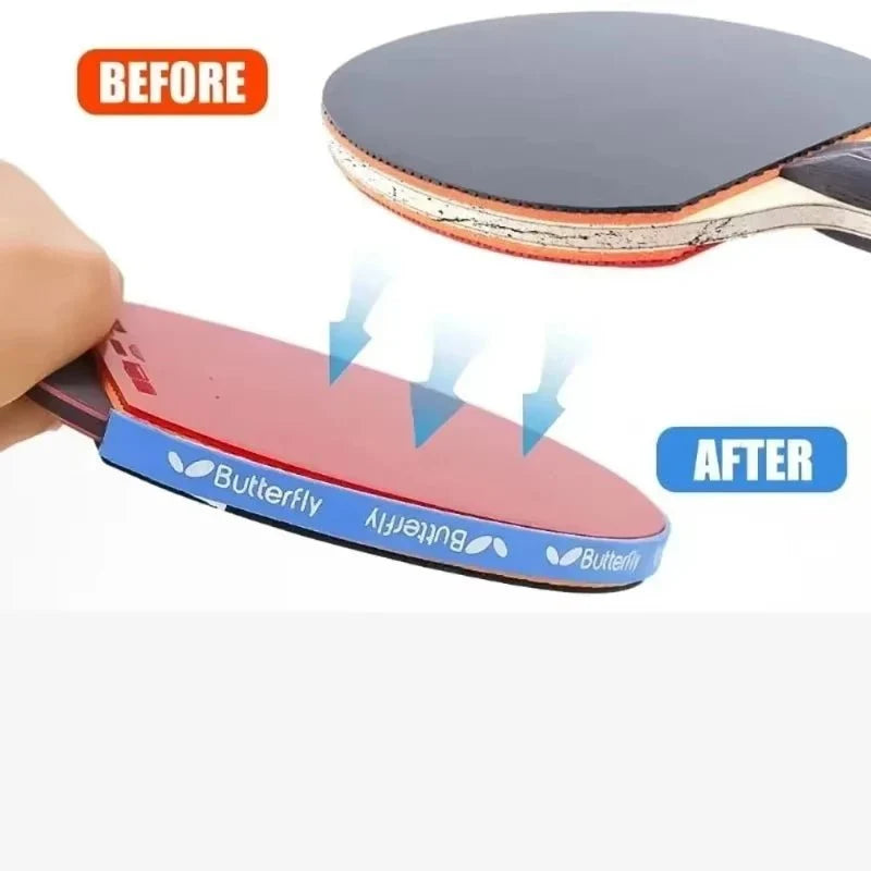 Table Tennis Racket Edge Tape Sponge Protector in blue Butterfly edge guard for paddle with before/after view on Tampa Home & Garden Store