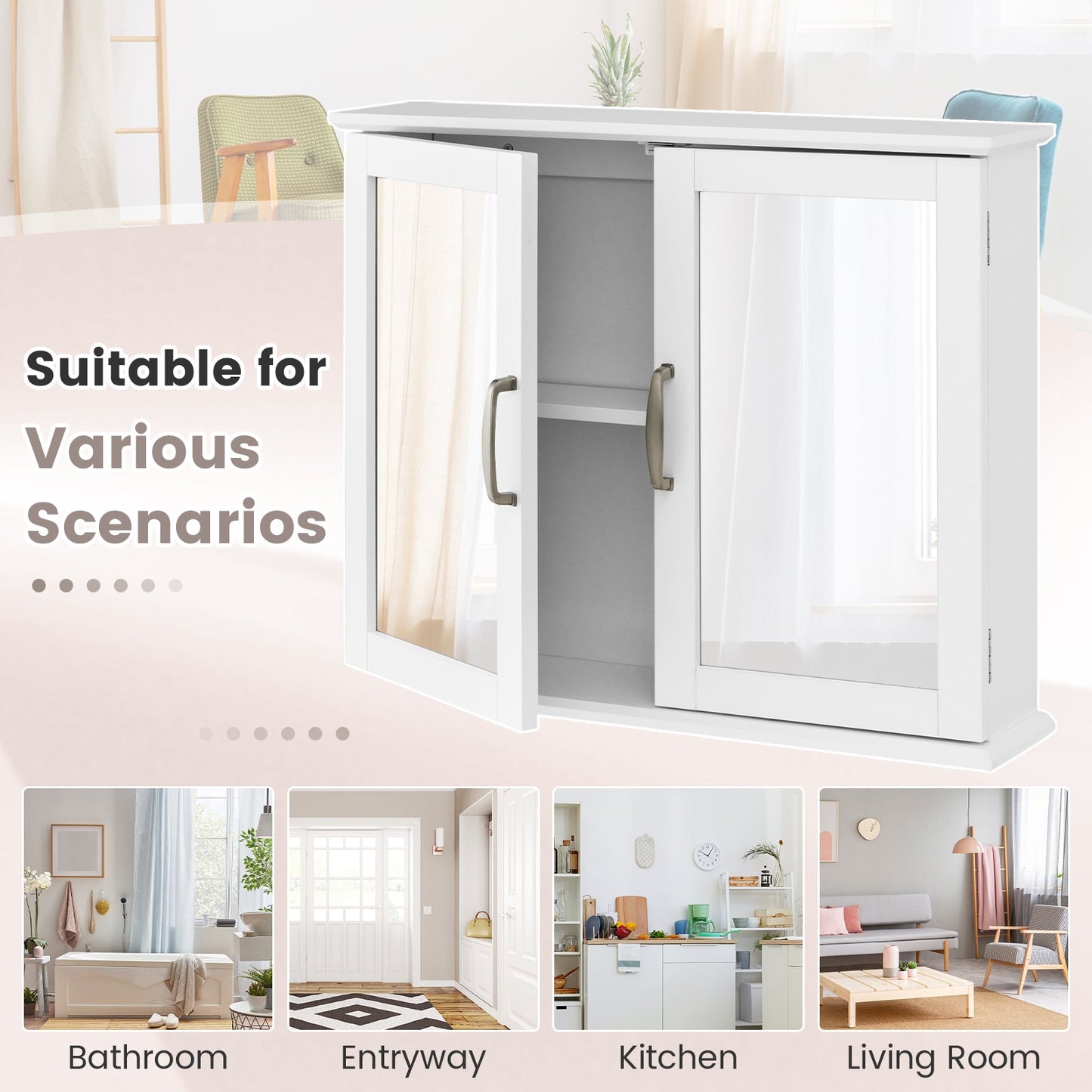 2-Tier Bathroom Wall-Mounted Mirror Storage Cabinet with Handles-White