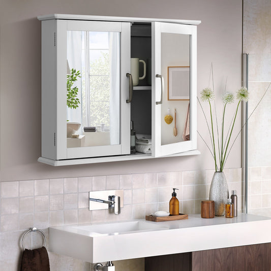 2-Tier Bathroom Wall-Mounted Mirror Storage Cabinet with Handles-White - Tampa Home & Garden Store