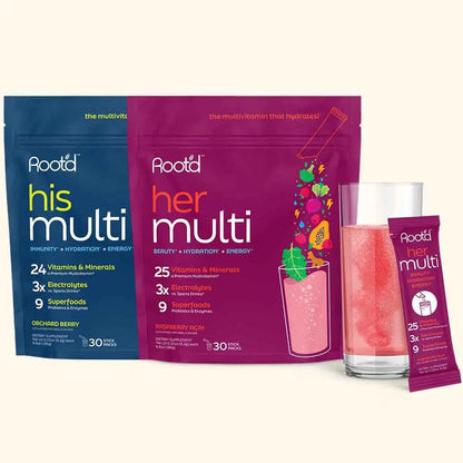 Root'd couples wellness multivitamin set featuring blue his multi and magenta her multi pouches on Tampa Home & Garden Store