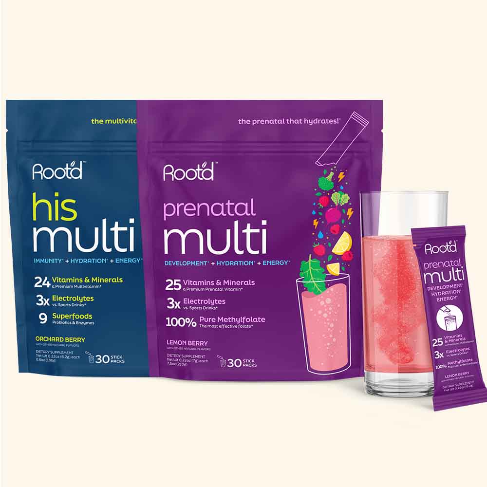 Root'd multivitamins: blue his multi & purple prenatal multi pouches with pink drink sachet on Tampa Home & Garden Store
